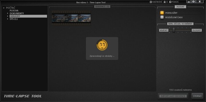 Time-Lapse Tool Zobrazení načítání obrázků do importu