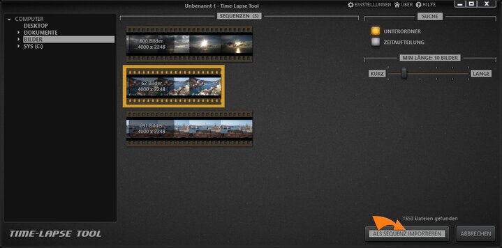 Bilder in Time-Lapse Videoprojekt importieren.
