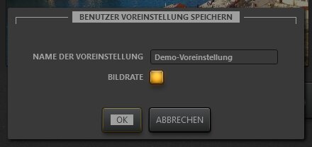 Time-Lapse Video Speichern-Dialog für Effektvoreinstellungen