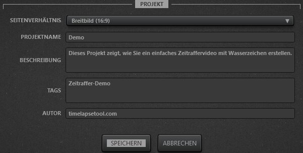 Time-Lapse Tool Videoprojekt-Einstellungen