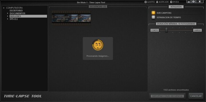 Time-Lapse Tool esta cargando imágenes en la vista de importación de imágenes