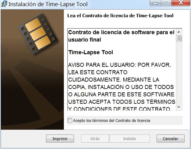 Pantalla de bienvenida de la guía de instalación de Time-Lapse Tool