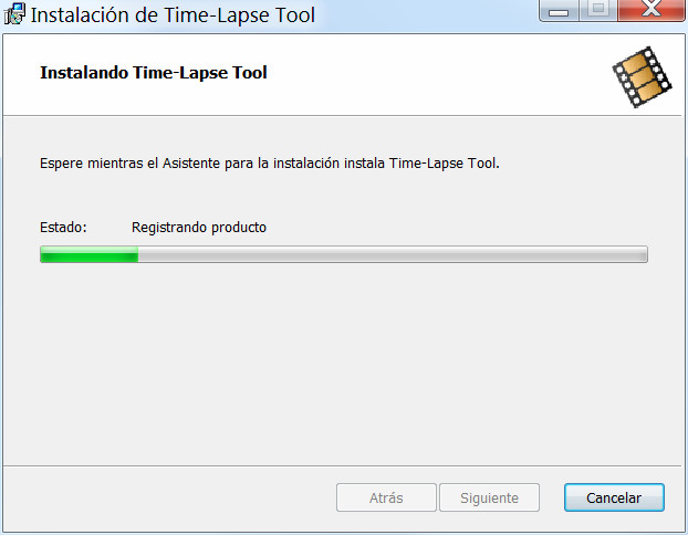 Pantalla de progreso de la guía de instalación de Time-Lapse Tool