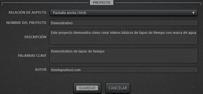 Ajustes del proyecto de video Time-Lapse Tool