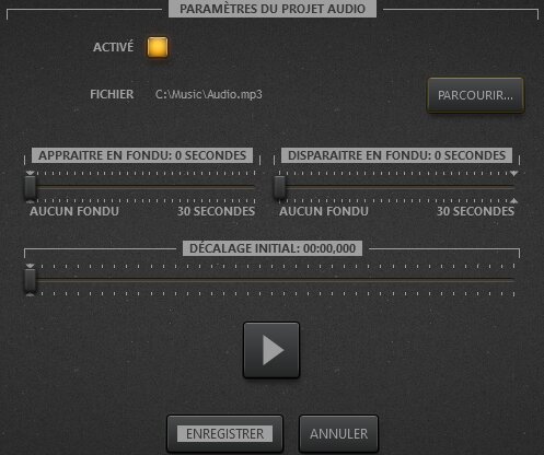 Paramètres de la piste audio pour Time-Lapse Tool