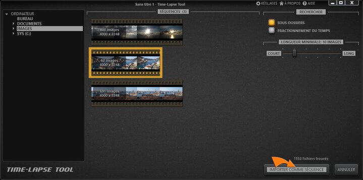 Importer les images dans le projet vidéo Time-Lapse Tool.