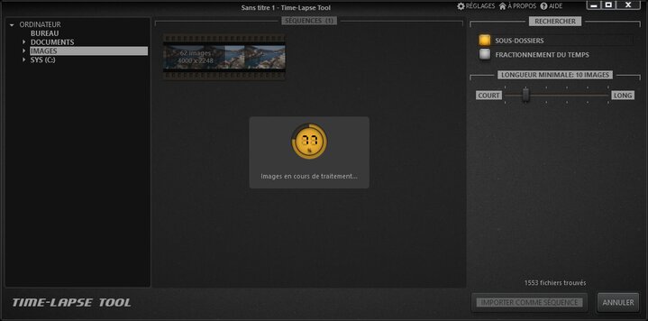 Time-Lapse Tool charge les images dans la fenêtre d’importation d’images