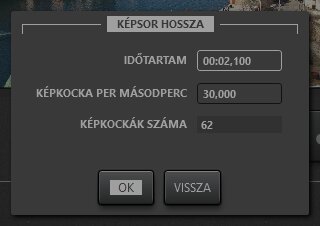 Dialógusablak a time‑lapse képsor hosszának állításához