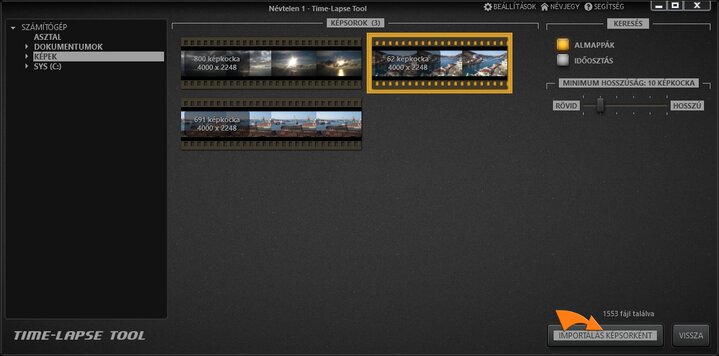 Képek importálása Time-Lapse Tool videóprojektbe.