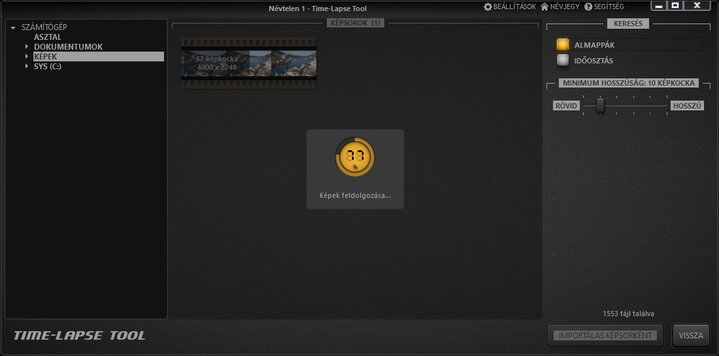 Time-Lapse Tool képeket tölt be a képimportálási nézetbe