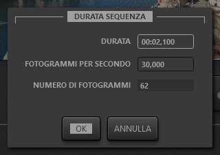 Finestra di dialogo per la modifica della durata della sequenza in time-lapse
