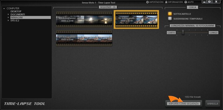 Importare immagini nel progetto video time-lapse.