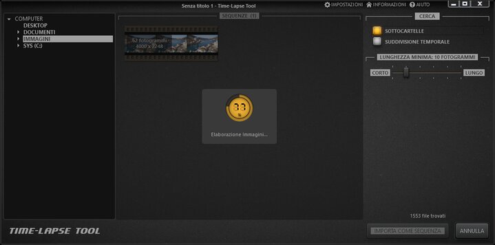 Time-Lapse Tool Sta Caricando Le Immagini Nella Schermata Importazione Immagini