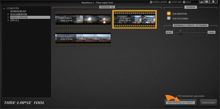 Importeer afbeeldingen naar Time-Lapse Tool-videoproject.