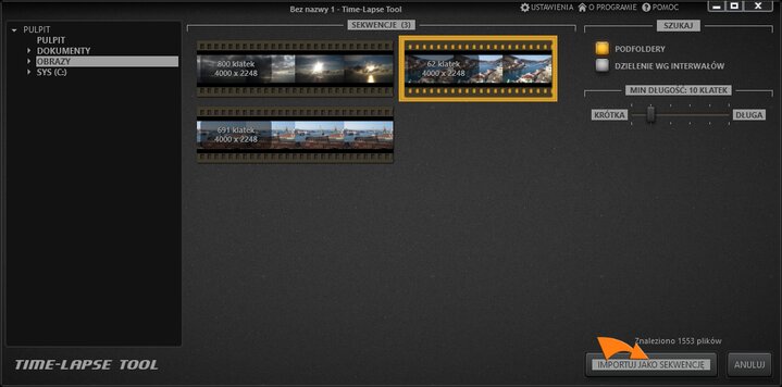 Importuj obrazy do projektu filmu poklatkowego Time-Lapse Tool.