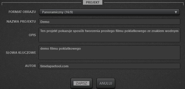 Ustawienia projektu wideo Time-Lapse Tool
