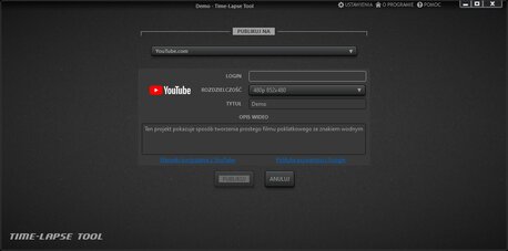 Okno publikowania filmu Time-Lapse Tool