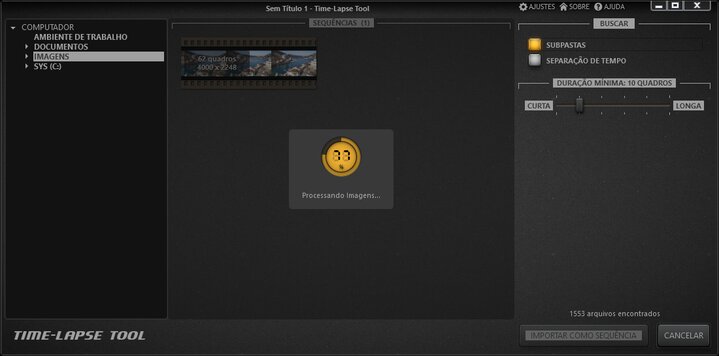 Time-Lapse Tool Carregando Imagens para Importação de Imagens