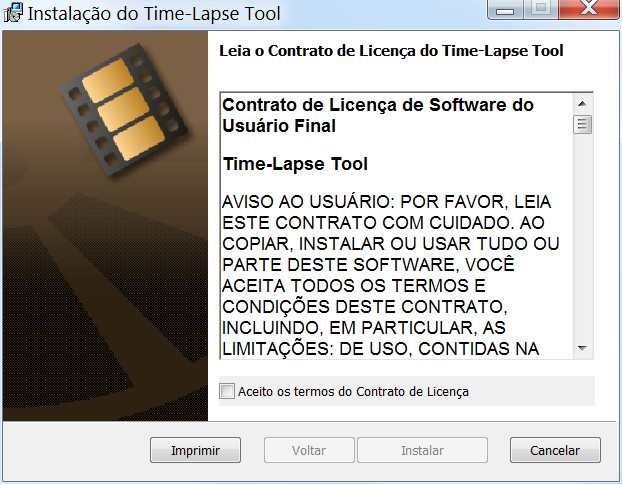Tela de boas vindas do assistente de instalação do Time-Lapse Tool