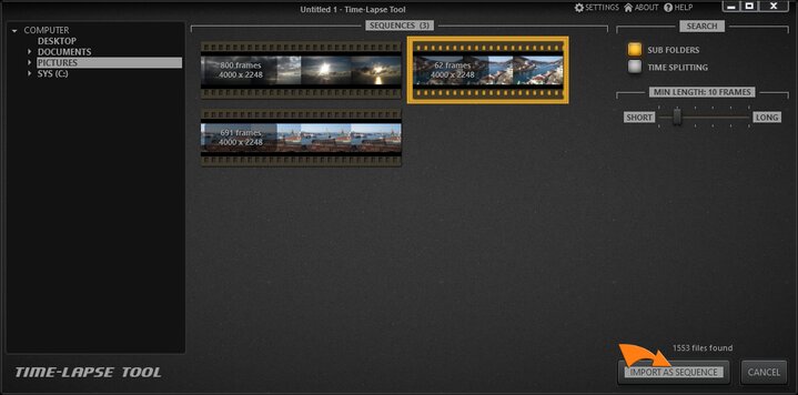 Import images into Time-Lapse Tool video project.